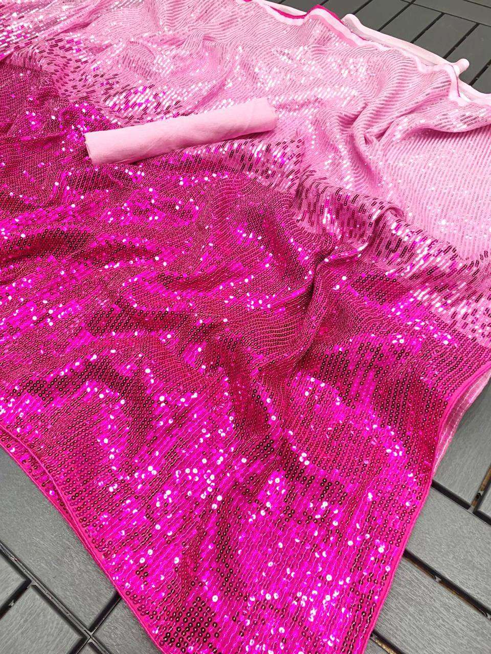 Dual tone Pink sequins saree with stitched blouse