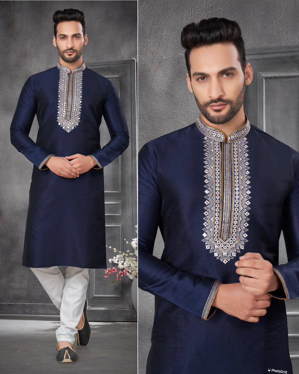 Navy blue Men's premium cotton jacquard kurta with embroidery at neck with pajama
