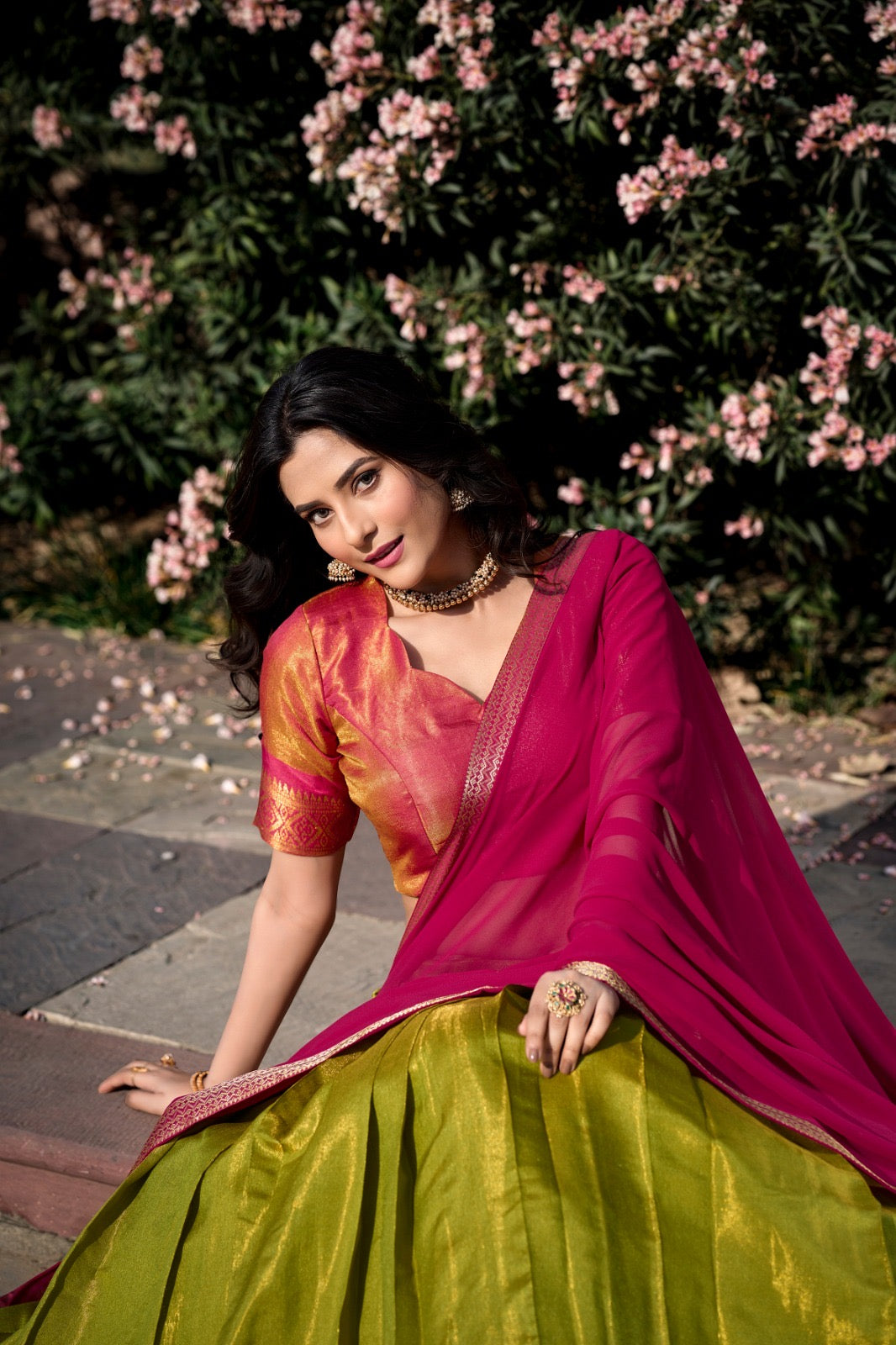 Pink & Mehendi Kanchipuram style premium fully stitched lehenga