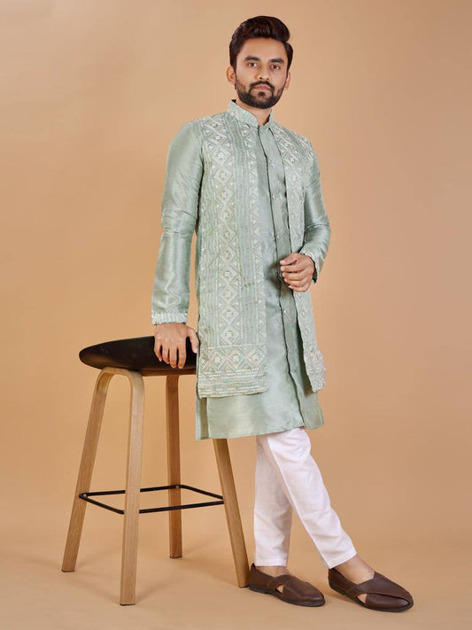Pista green Men's Indo western style koti kurta with pajama