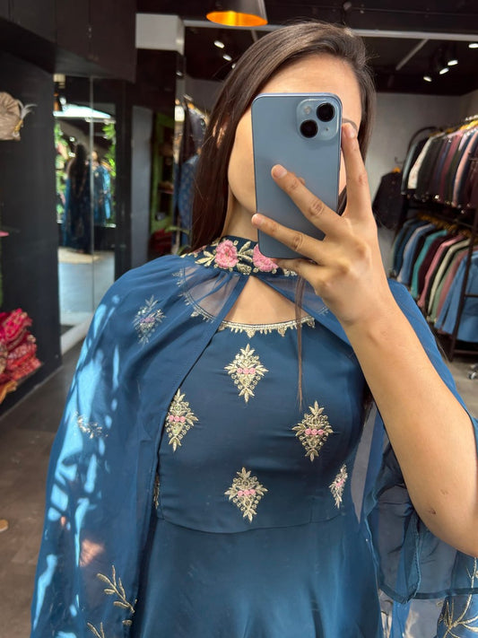 Rama blue gown with shrug fully stitched