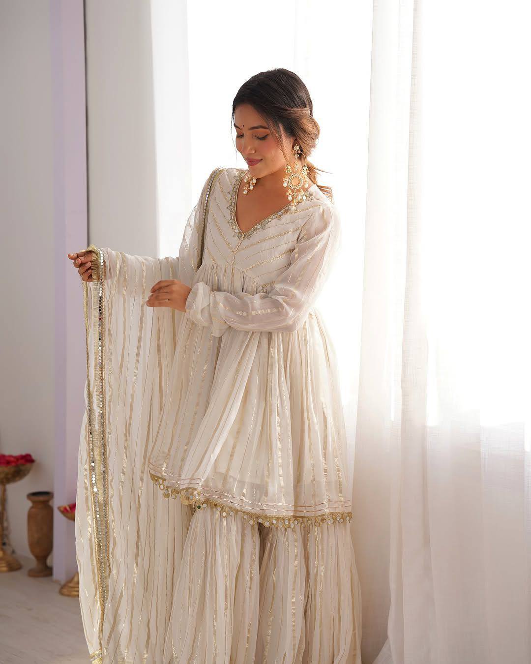 Erika - Premium Soft Mal Fabric White Elegant Sharara Suit Fully Stitched