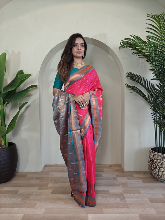 Pink Pure Paithani Silk Saree with rich weaving with Stitched Blouse