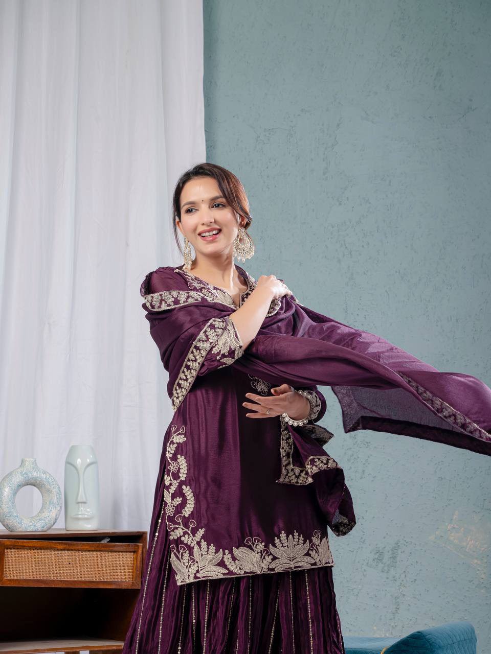 Pure Chinon Silk Embroidered Sharara Set in 4 beautiful Colours Fully Stitched