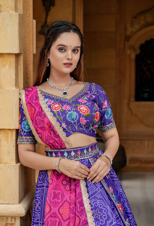 Samantha - Purple fuly stitched printed lehenga