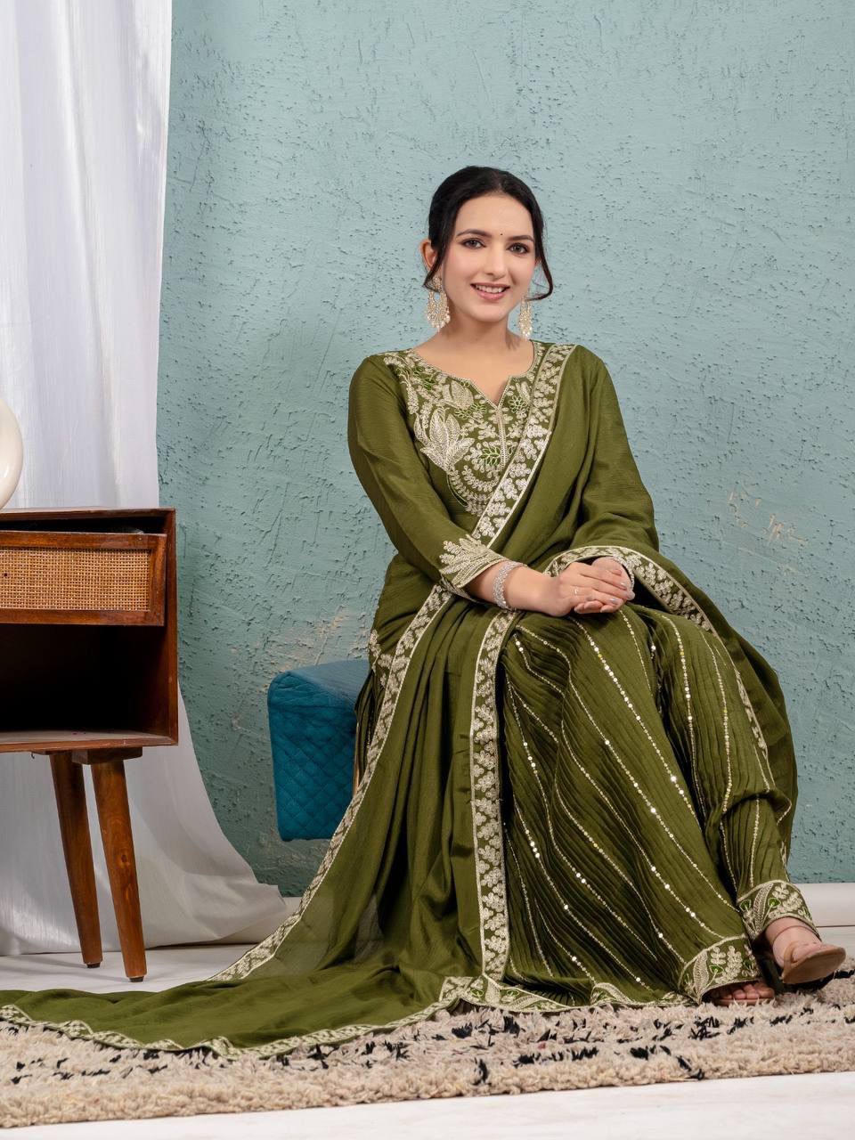 Pure Chinon Silk Embroidered Sharara Set in 4 beautiful Colours Fully Stitched