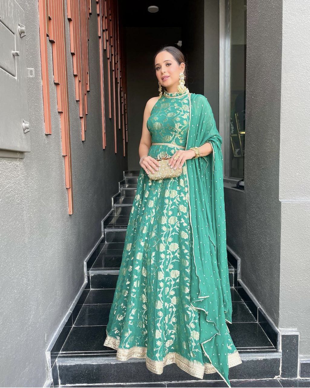 Pure Banarasi Silk Green Gown fully stitched Kiara's Closet Pure Banarasi Silk Green Gown fully stitched Kiara's Closet