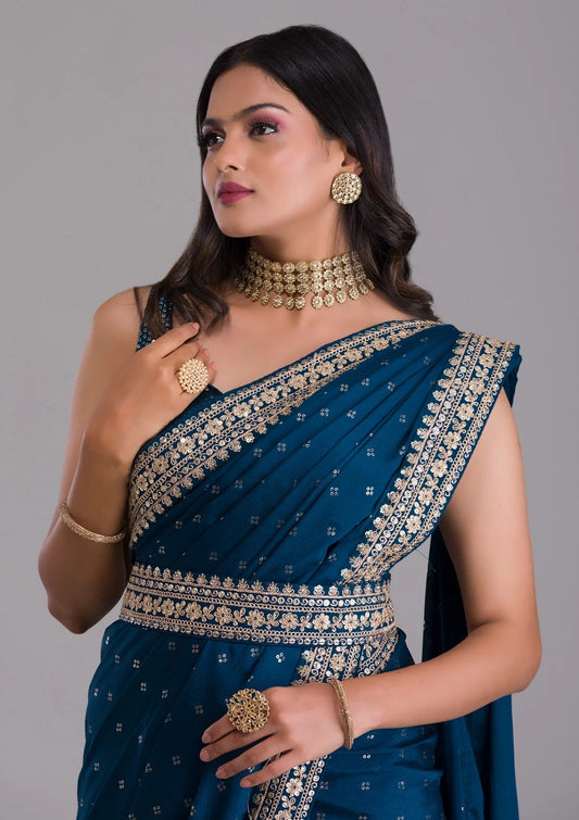 Rama chinnon saree with fully stitched blouse