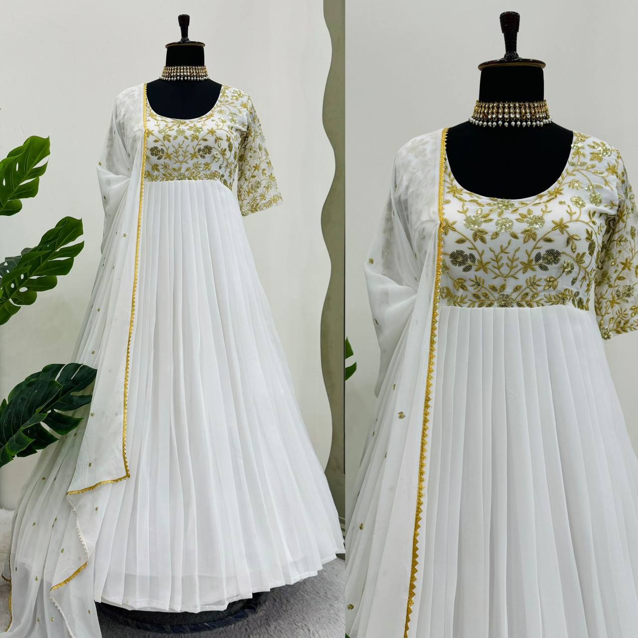 Premium Off White Neck Embroidered Silk Anarkali Dress