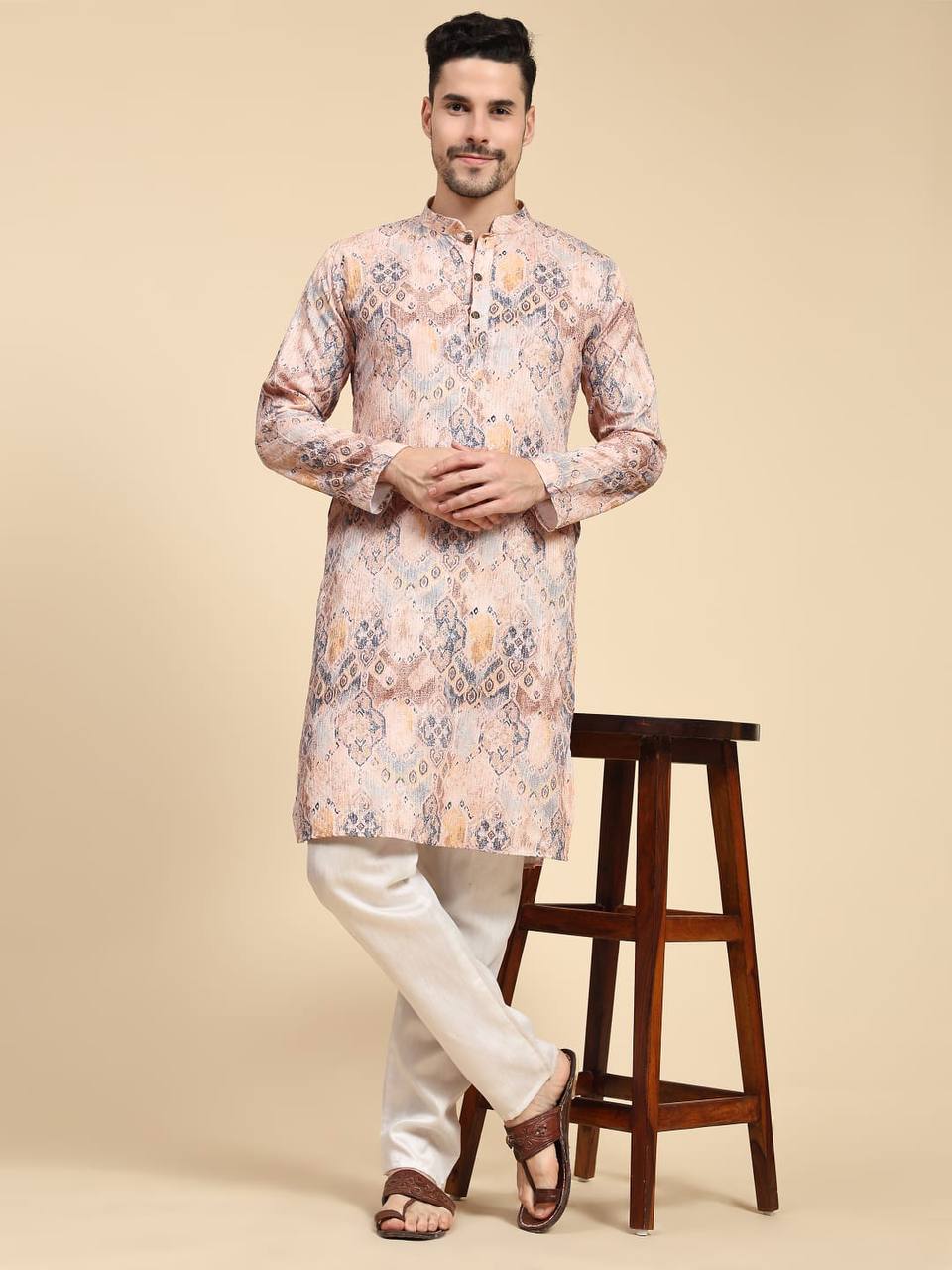 Men's traditional sequins work & print cotton kurta with pajama