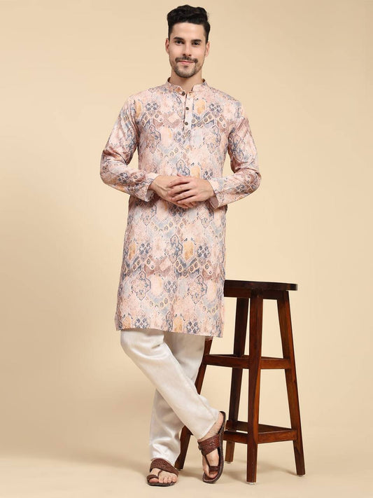 Men's traditional sequins work & print cotton kurta with pajama