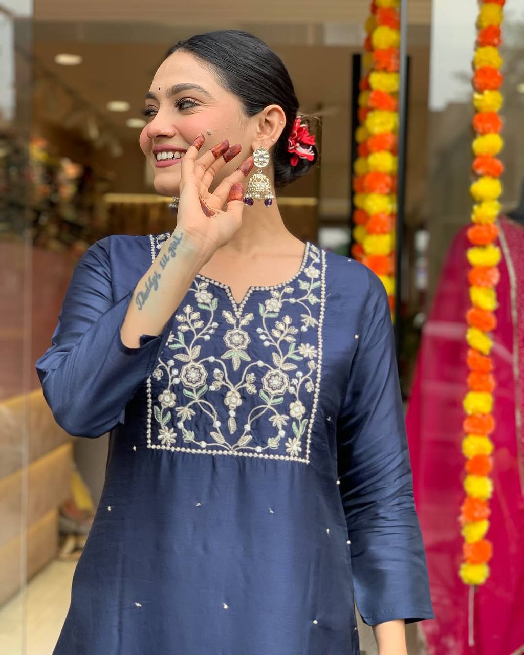 Navy Blue Viscos Silk Beautiful Embroidered Kurti Set for all occasions
