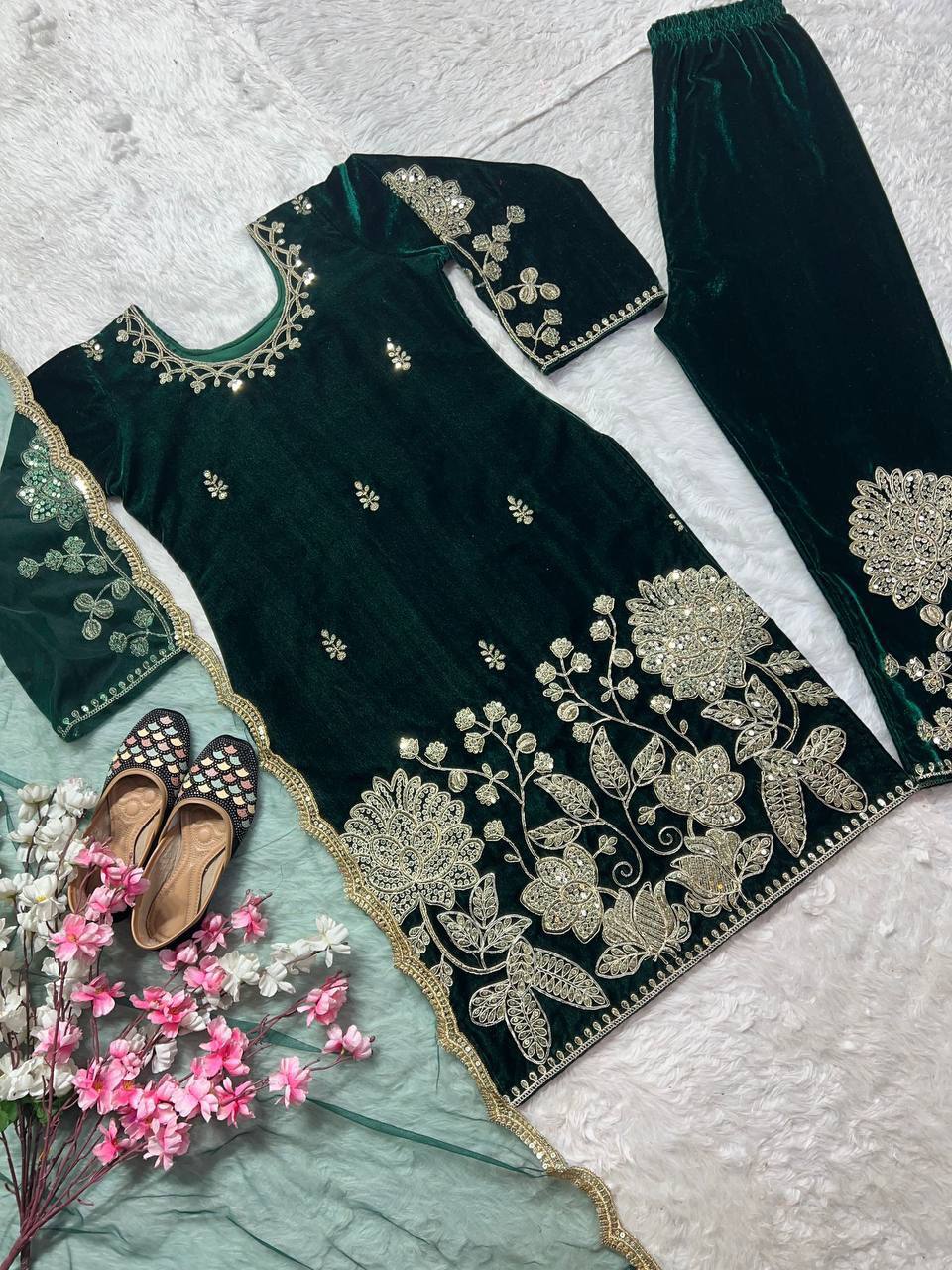 Jugni - Dark Green Premium Velvet Fully Stitched Suit with Embroidery Work