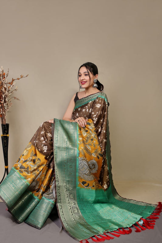 Kanchipuram style digital floral saree with stitched blouse