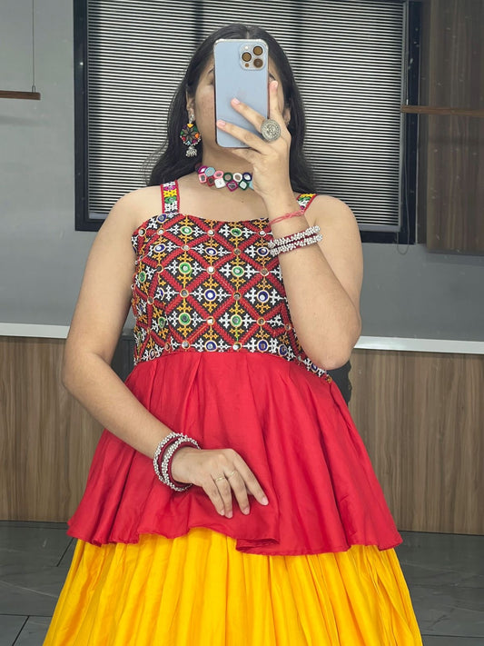 Yellow & Red Navratri Special Kediya Top with Chaniya Unique Style Fully Stitched