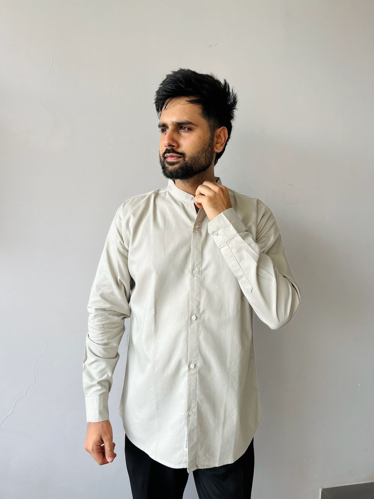 Mandarin Collar Men's Pure Cotton Plain Shirts for Formal Occasions