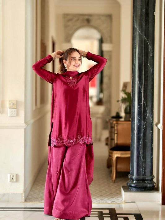 Cherry Pink Soft Silk with sequins work Punjabi Suit Fully Stitched