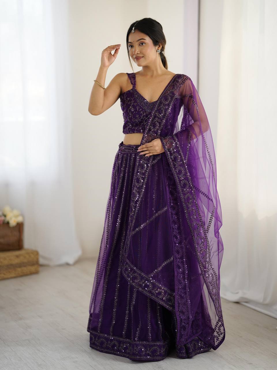 Jamun Purple Premium Net Lehenga Fully Stitched
