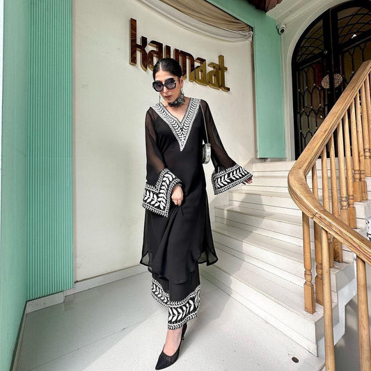 Georgette black Top & Plazo suit fully stitched