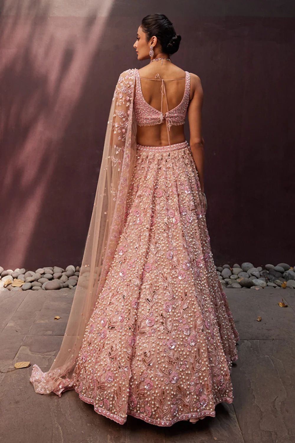 Premium Peach Georgette Floral Work Lehenga with Sequins and Pearl Work Fully Stitched