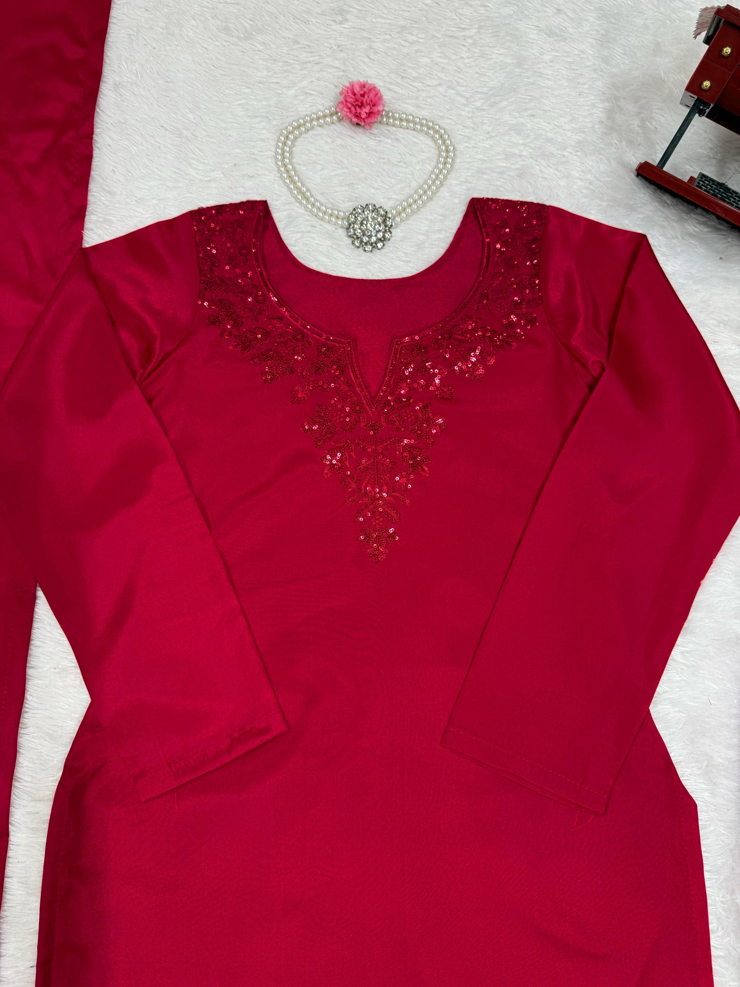 Cherry Pink Soft Silk with sequins work Punjabi Suit Fully Stitched