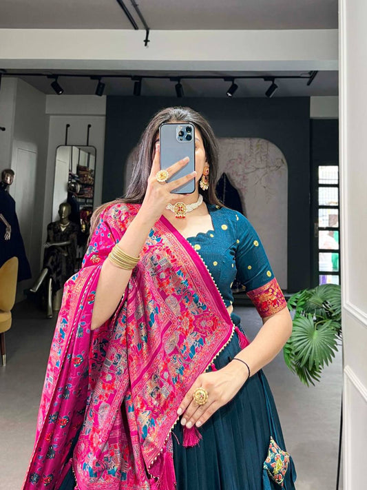 Navratri Special Turquoise Soft Silk with Printed Foil Work Fully Stitched (as per your requirements)