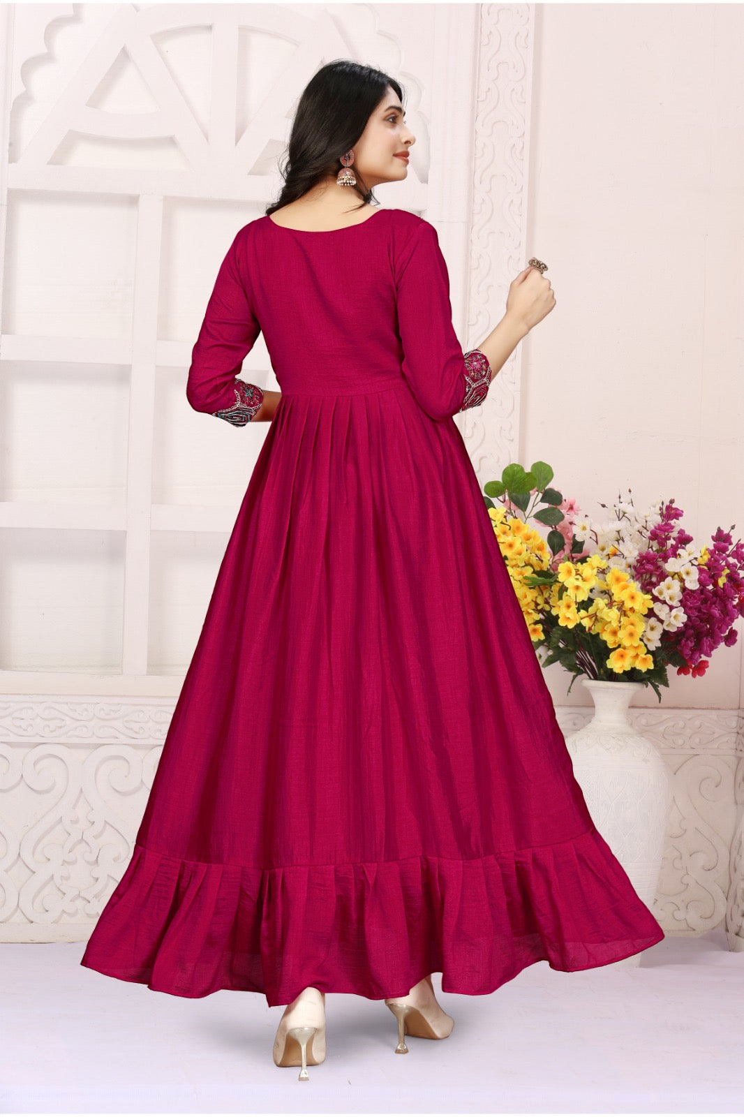 Rani Pink Vichitra Silk Gown Fully Stitched