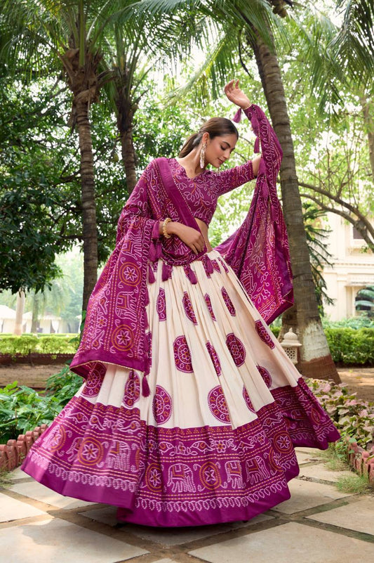 Navratri Special Purple Bandhani Print Fully Stitched Lehenga