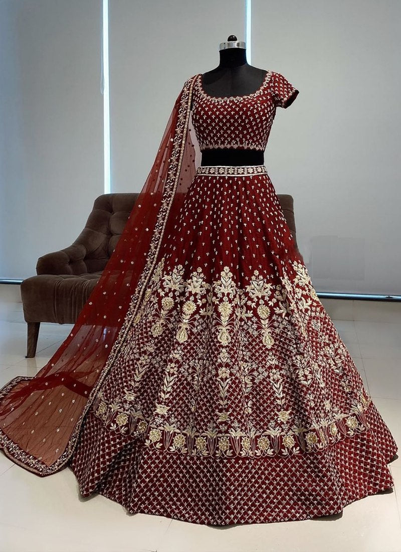 Dark Maroon Heavy Embroidered Tafeta Silk Fully Stitched Lehenga