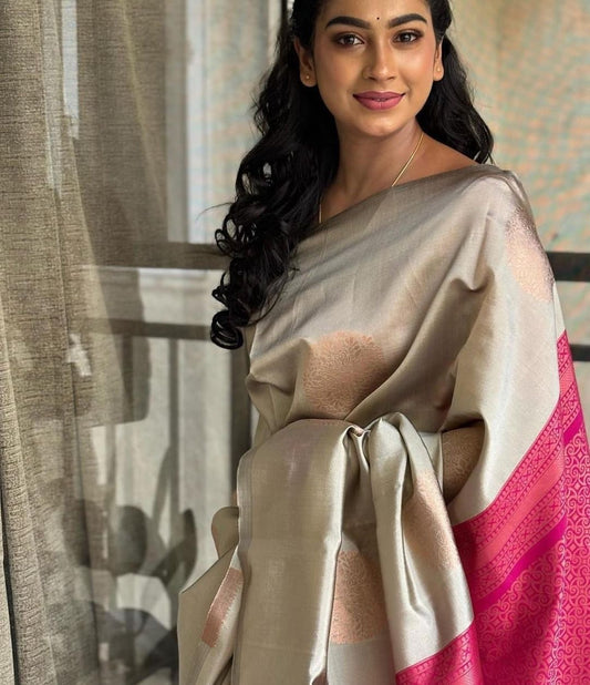 A Grey and Pink Kanjivaram style kubera pattu saree with blouse