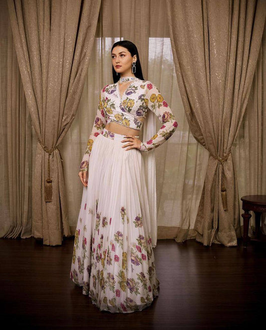 Premium off white printed fully stitched lehenga