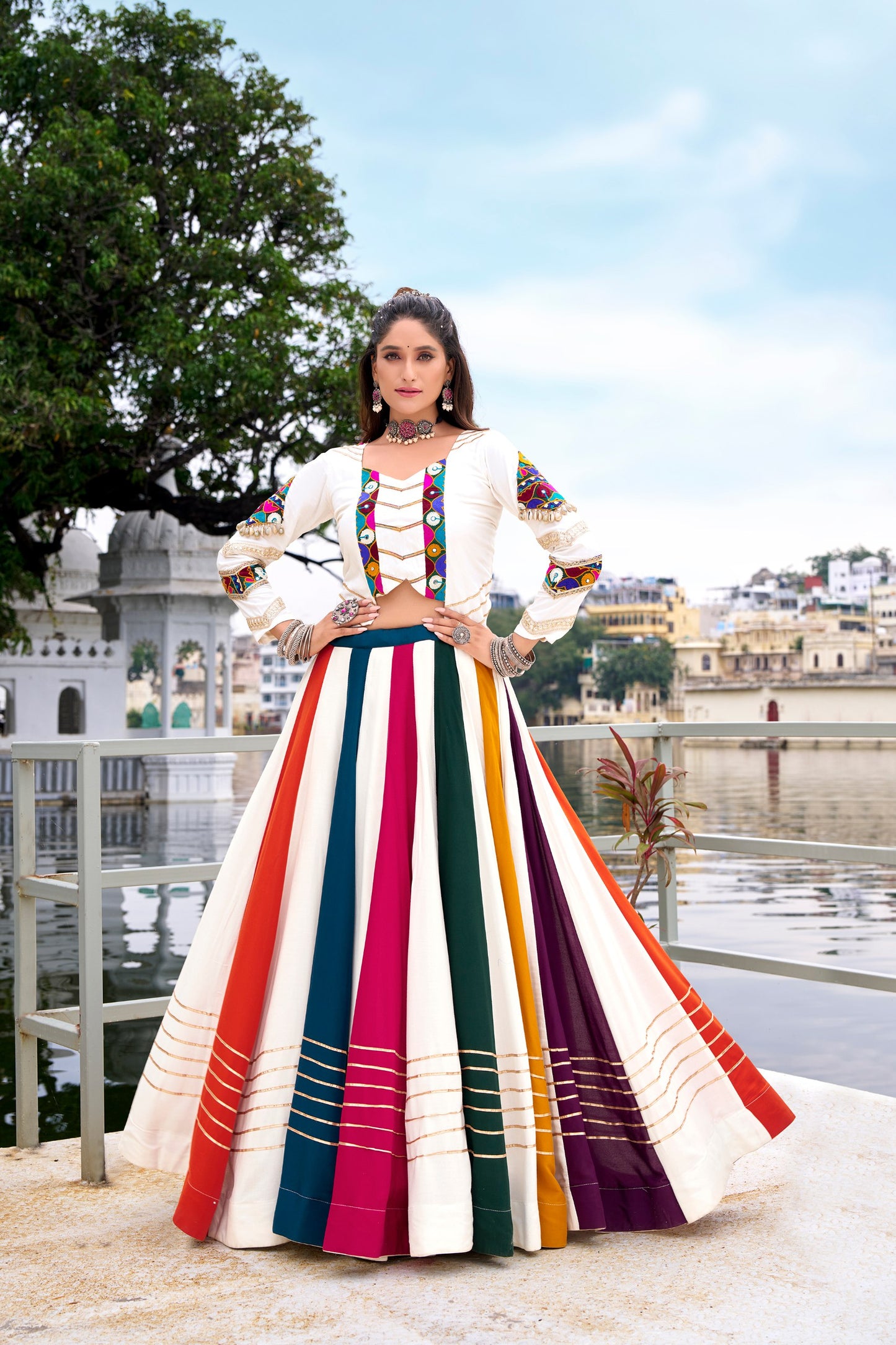 Shauryaa - Premium White Rayon Cotton Rainbow Styled Lehenga Cholis Fully Stitched