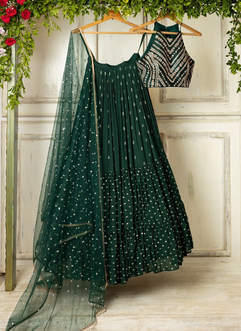 Dark Green Soft Georgette Fully Stitched Lehenga