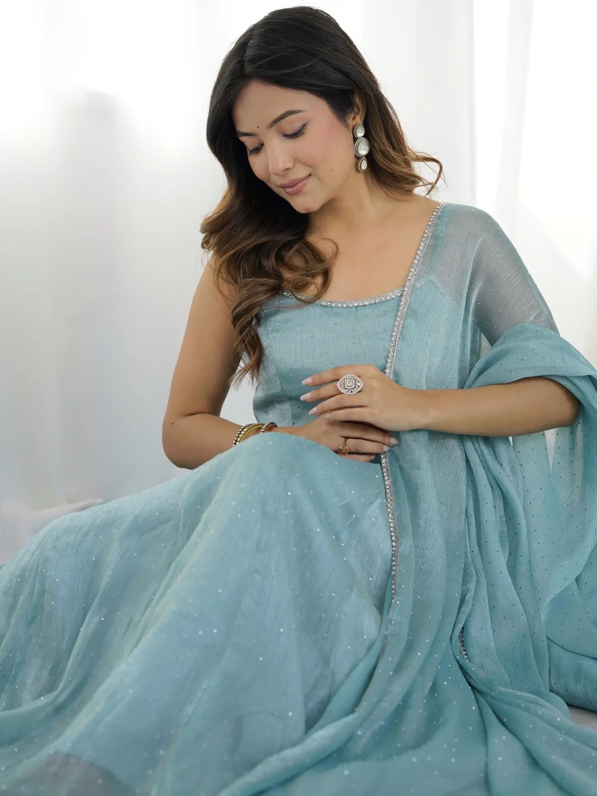 Shanaya Premium Silk Pastel Blue Anarkali Suit with Huge Flair Fully Stitched
