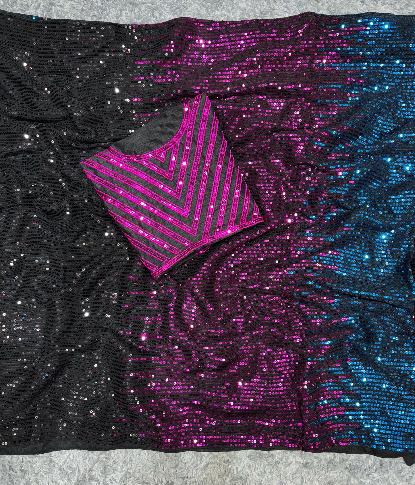 Red, Black and Blue Bollywood Style Fully Sequins shimmering Saree with Stitched Blouse