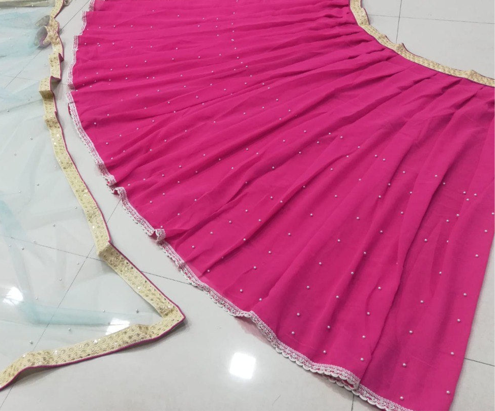 Casual Pink and Offwhite Combination Beautiful Georgette Fully Stitched Lehenga