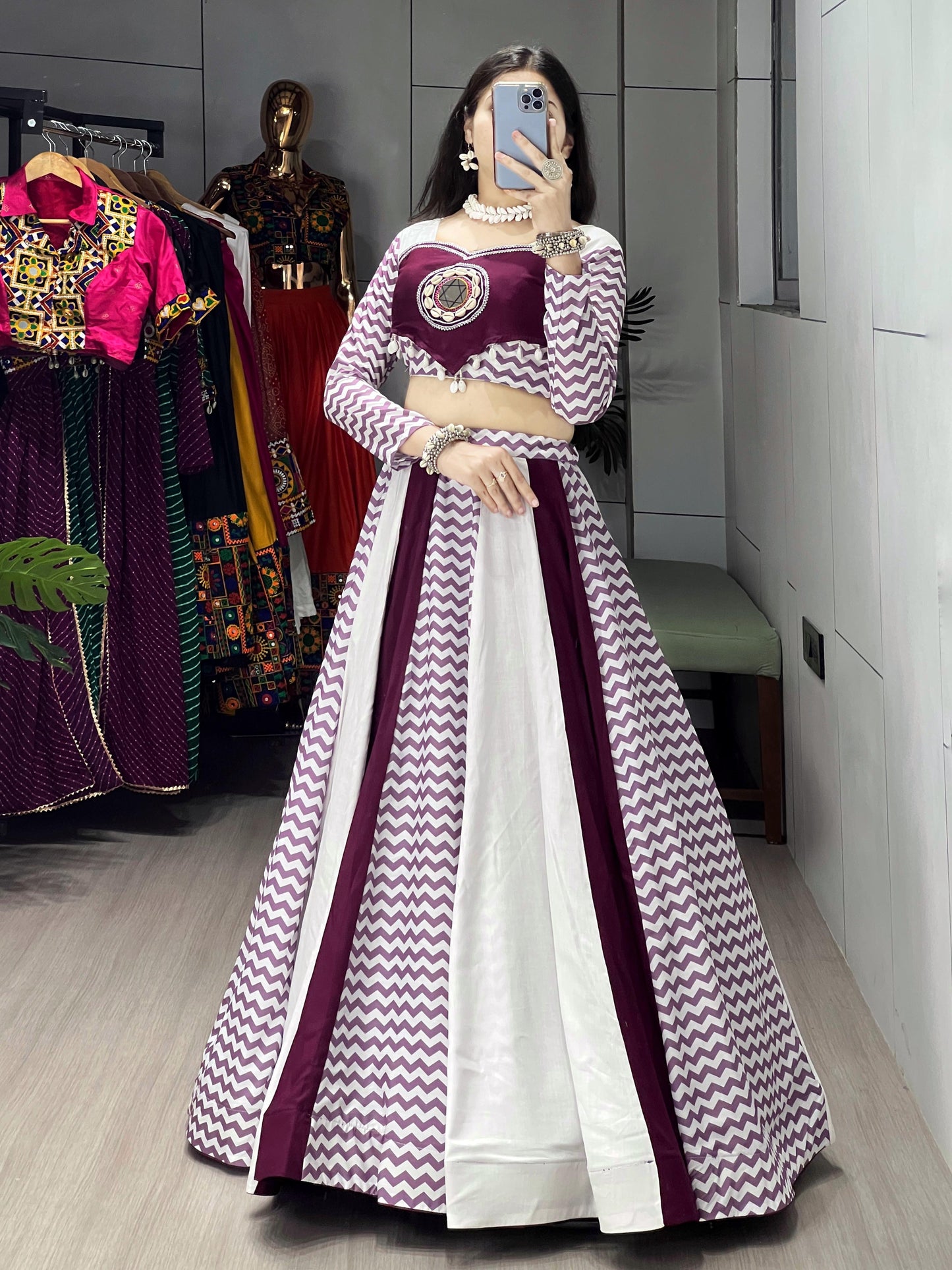 Beautiful Stripe Pattern Pure Cotton Wine and White Navratri Chaniya Choli Fully Stitched