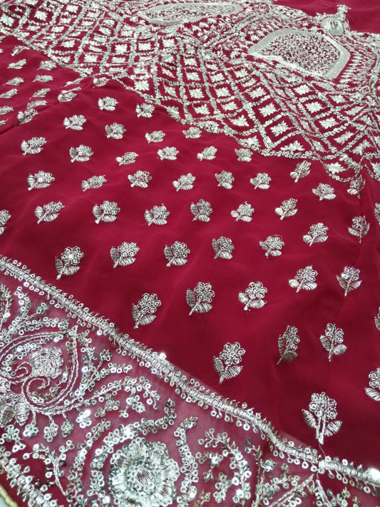 Brick Maroon Embroidery Work Fully Stitched Lehenga