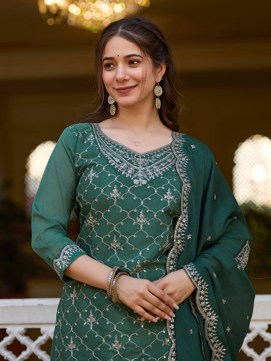 Indie Chic by Kiara - Beautiful Embroidered Green Silk Sharara Suit