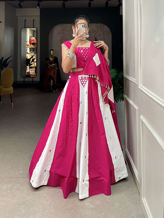 Nitara - Pure cotton Mehendi and Pink fully stitched lehenga
