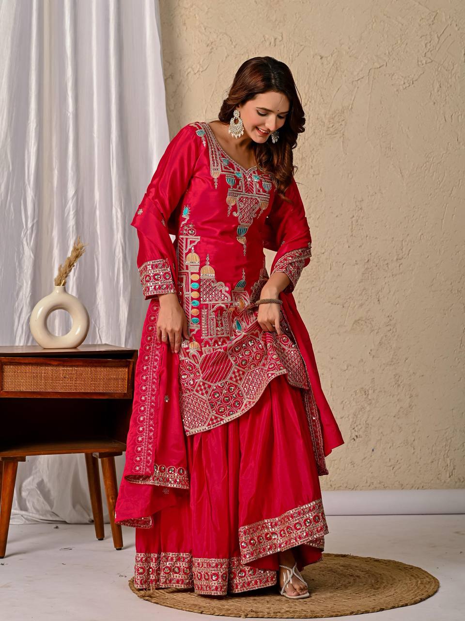 Cherry Pink Elegant Sharara Set Fully Stitched