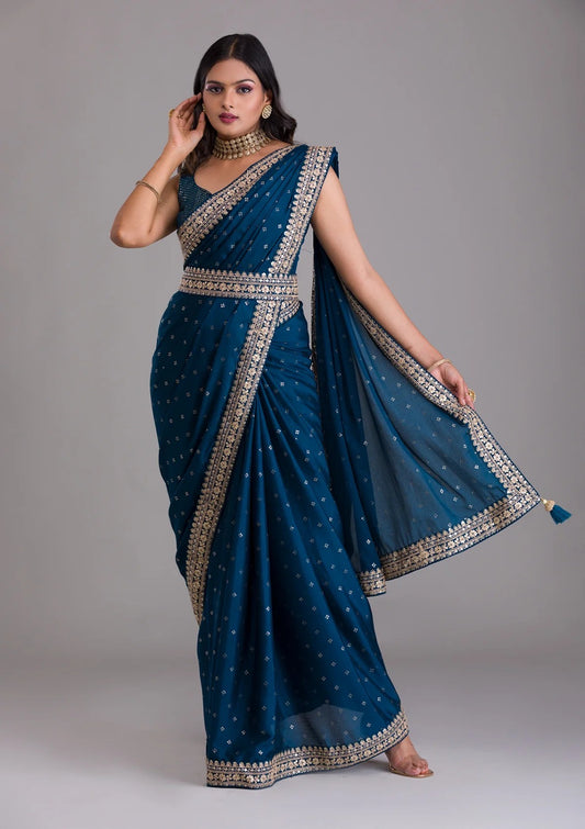 Rama chinnon saree with fully stitched blouse
