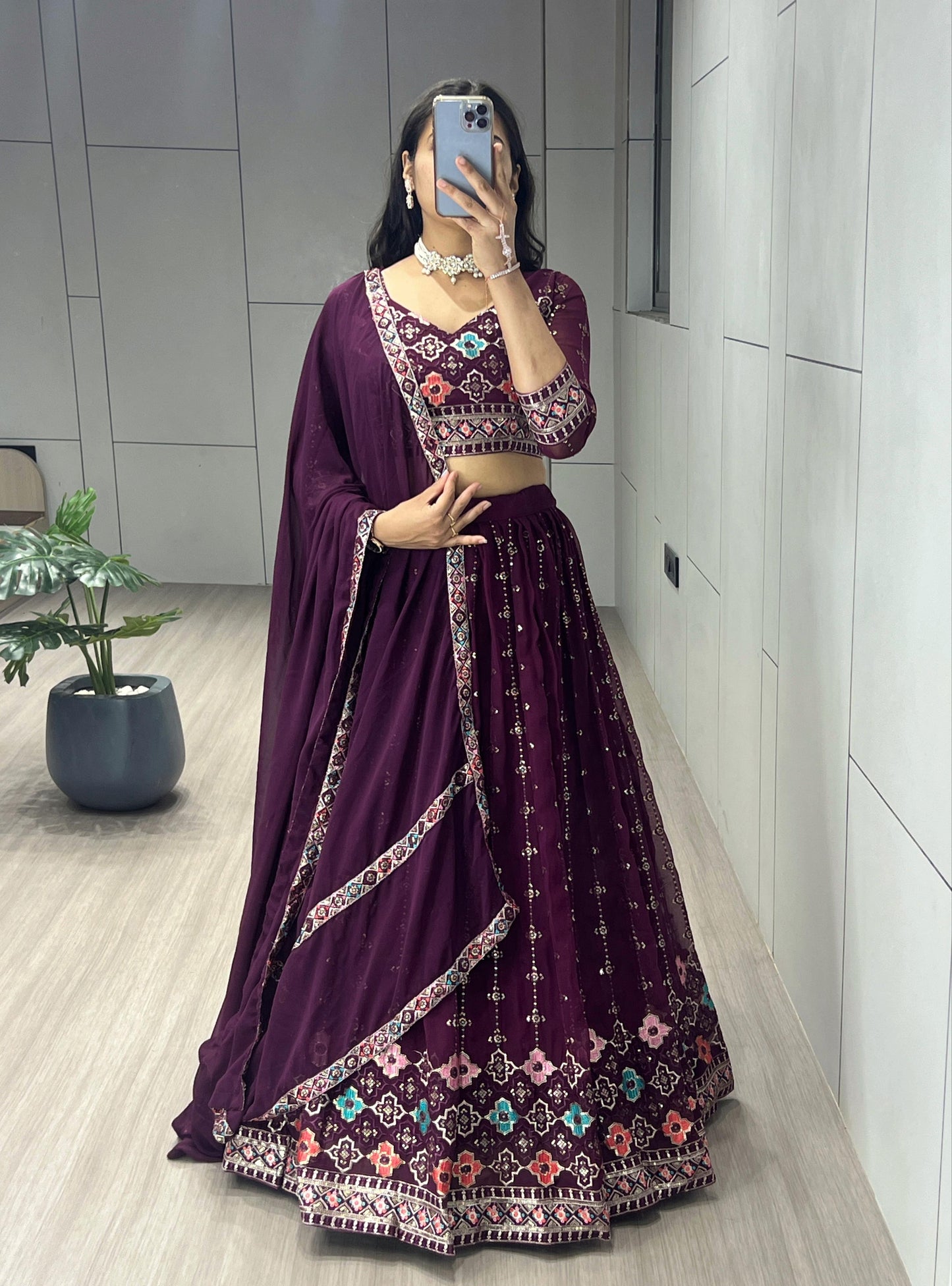 Samyaka - Beautiful Georgette Wine Chaniya Choli Fully Stitched
