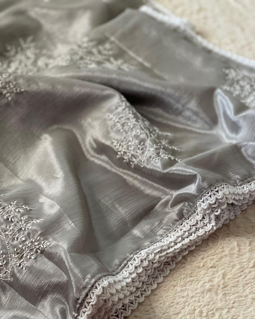 Soft Chinnon Silver grey saree with fully stitched blouse