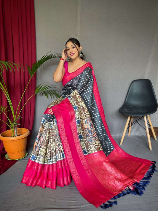 Bandhej with kalamkari print saree & stitched blouse