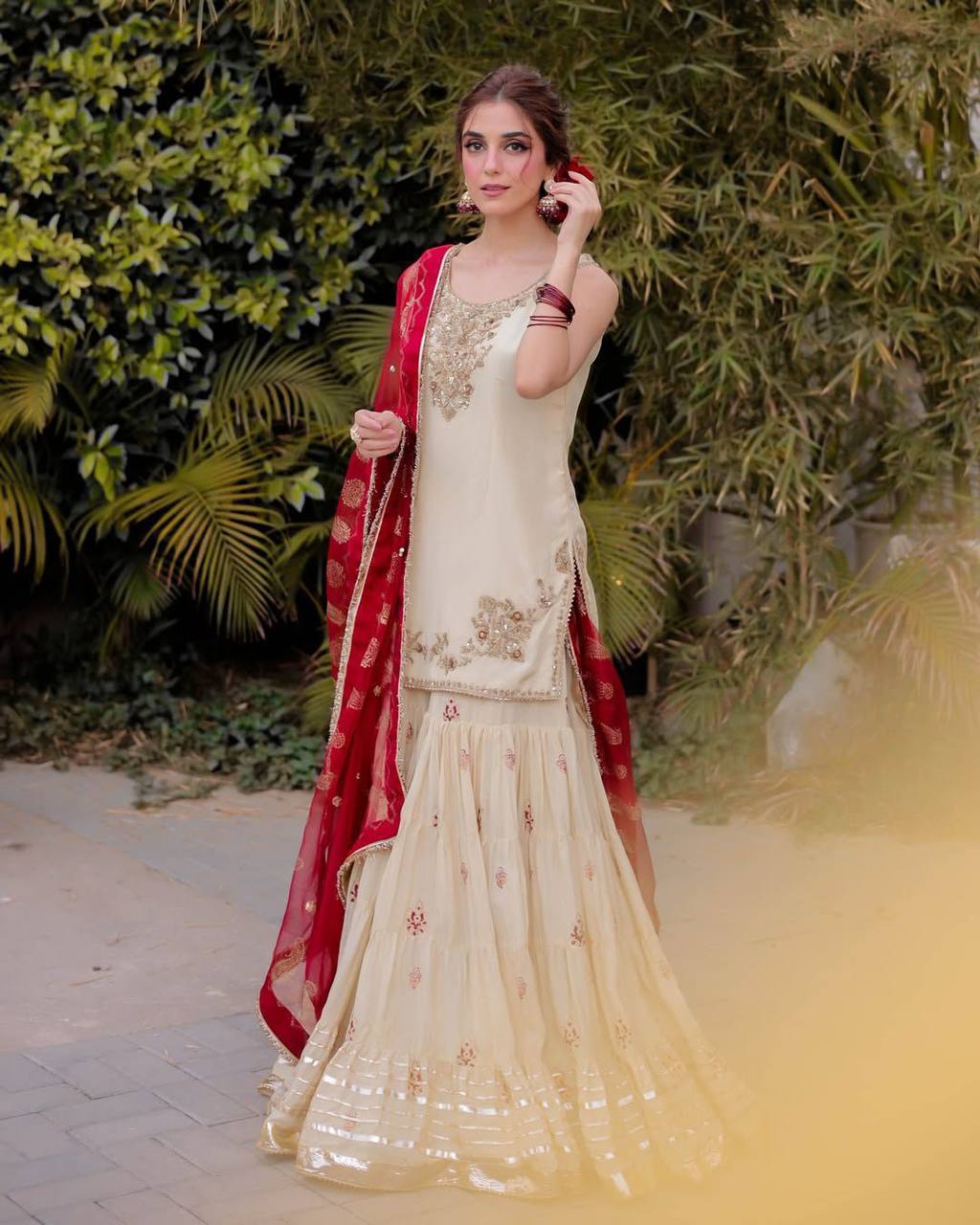 Cream & Pink Beautiful Embroidered Classic Sharara Suit Fully Stitched
