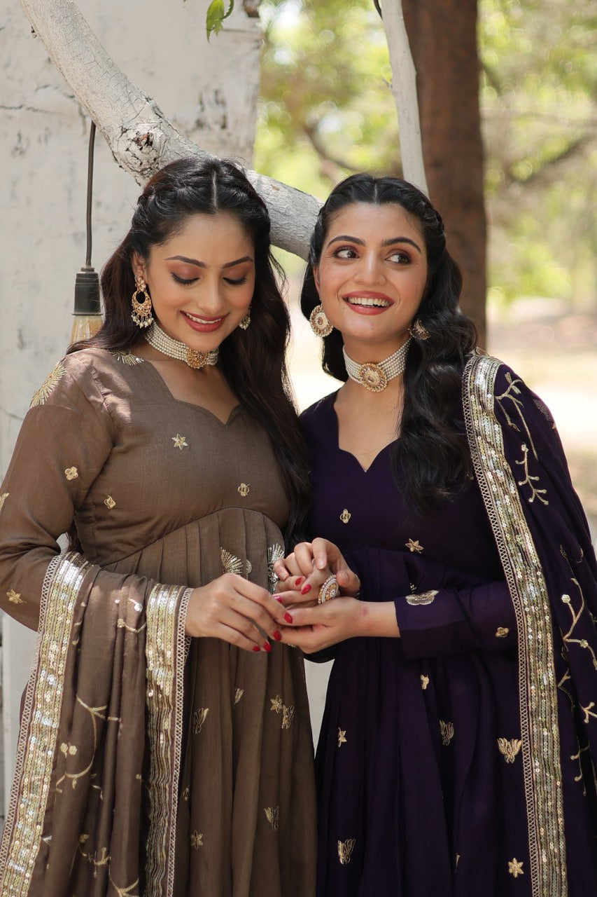 Premium Vichitra Silk Brown Fully Stitched Gown
