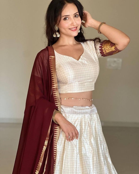 Soft offwhite cotton silk readymade lehenga