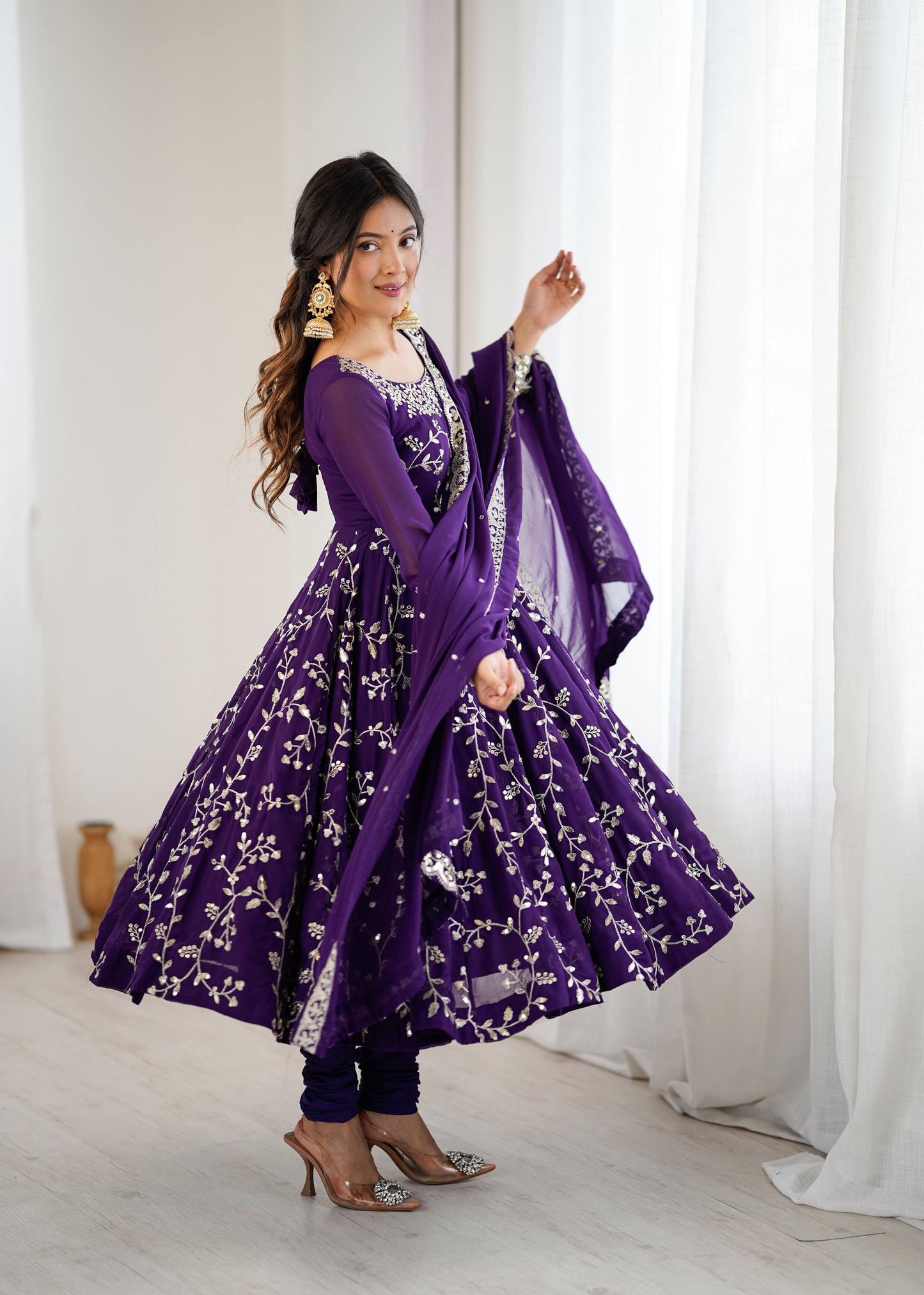 Preeva - Purple Soft Georgette with Full Embroidery Gown Fully Stitched