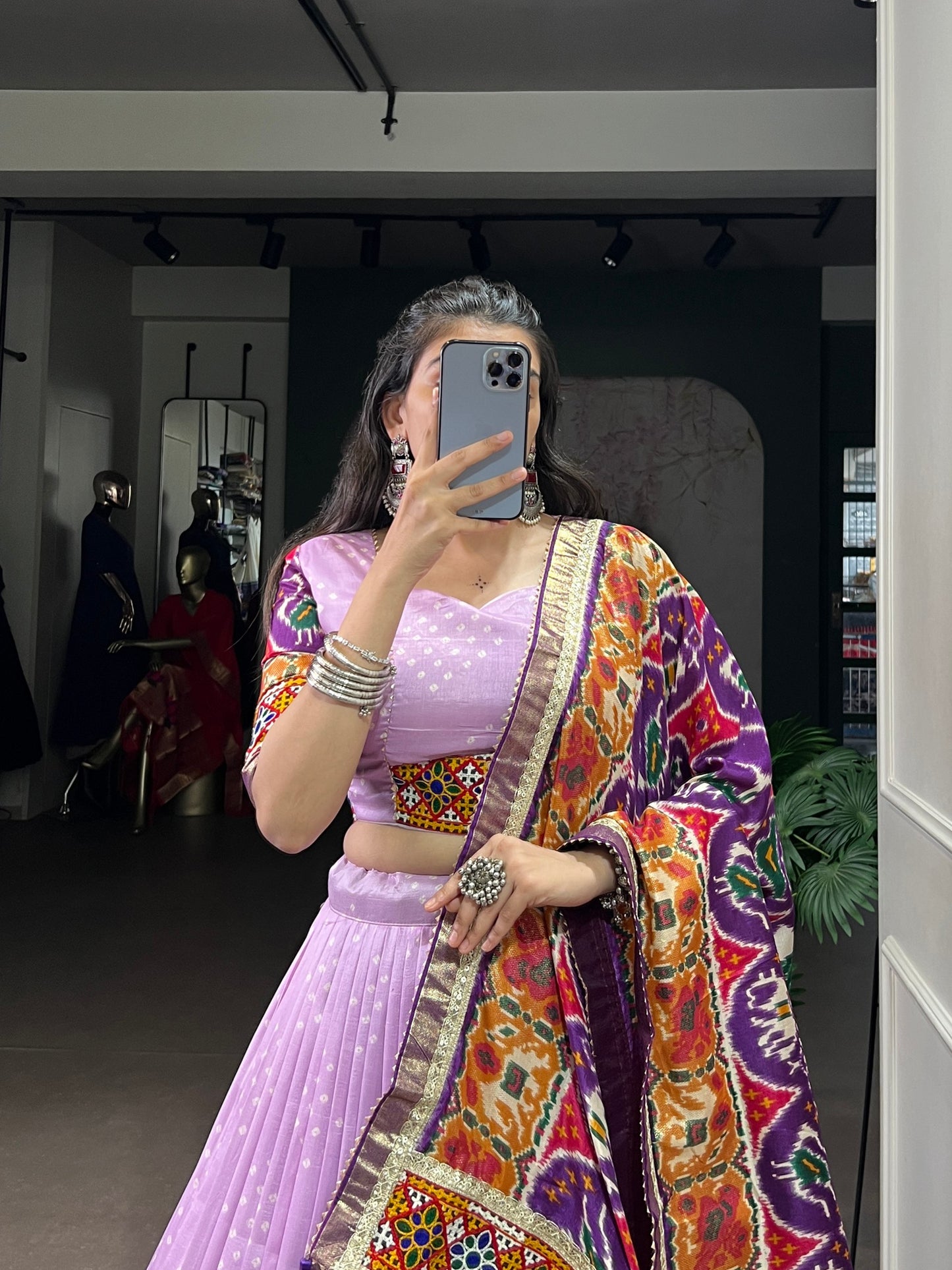 Varni - Beautiful Gamthi Work Printed Silk Chaniya Cholis Fully Stitched